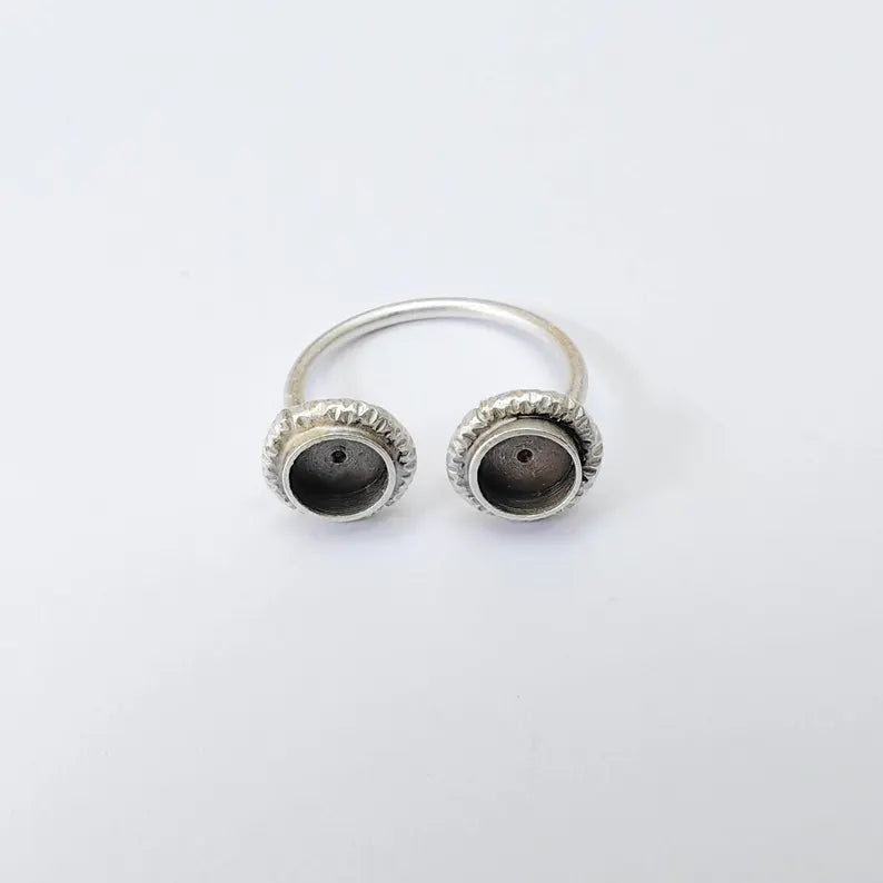 Antique Silver Adjustable Double Bezel Ring Base, 6mm Round Settings, G37912