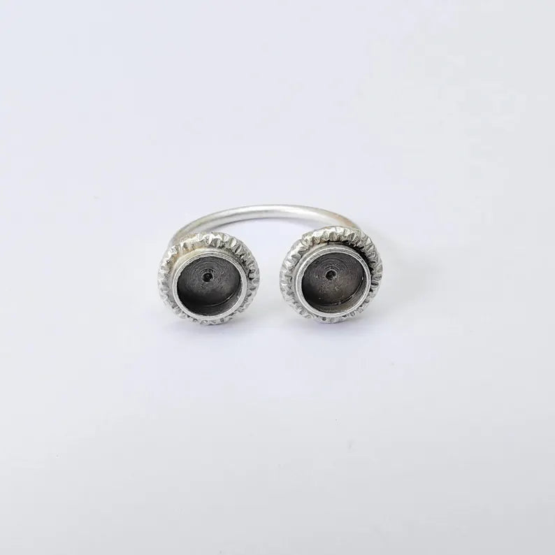 Antique Silver Adjustable Double Bezel Ring Base, 6mm Round Settings, G37912