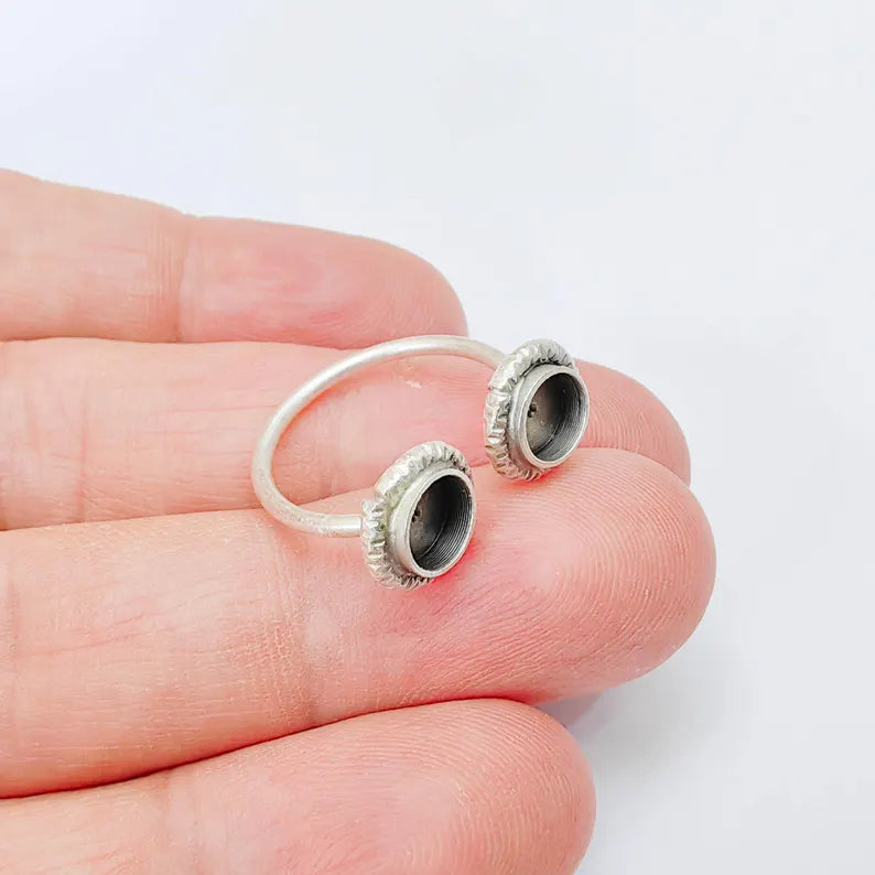 Antique Silver Adjustable Double Bezel Ring Base, 6mm Round Settings, G37912