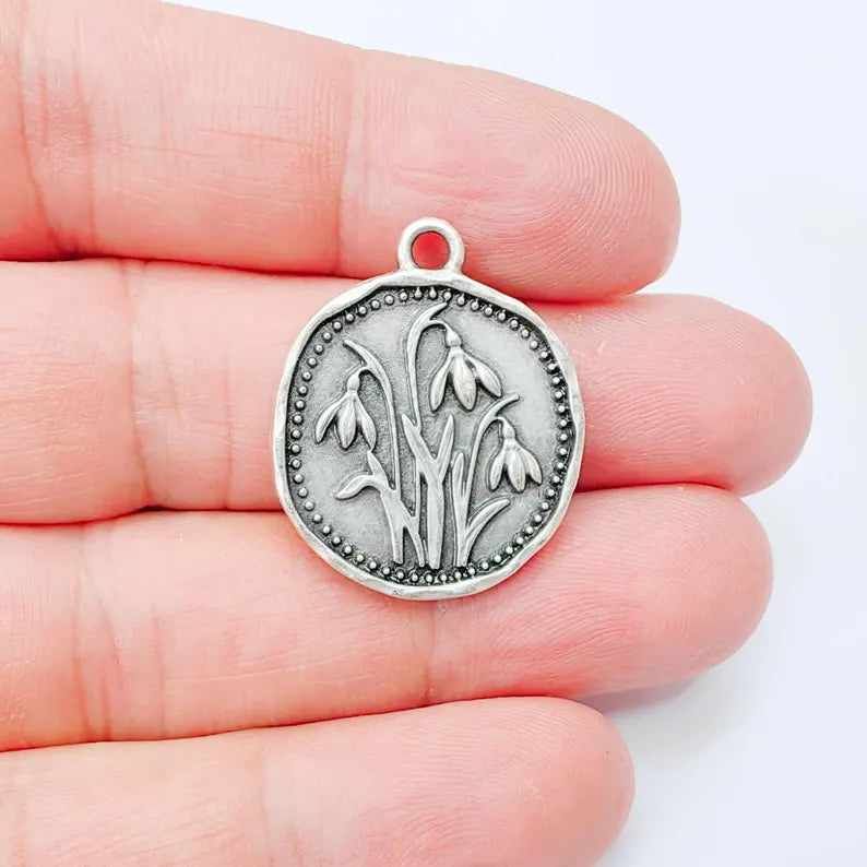 Snowdrop Flower Charm Pendant, Double Sided Botanical Nature Design, Antique Silver Plated 28x24mm, G37913