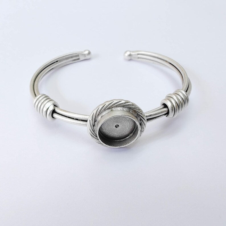 Adjustable Bracelet Blank, 12mm Round Bezel, Textured Frame Design, Open Cuff Base, G37914