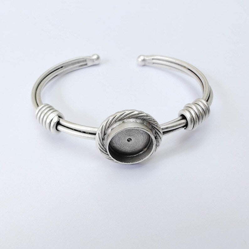 Adjustable Bracelet Blank, 12mm Round Bezel, Textured Frame Design, Open Cuff Base, G37914