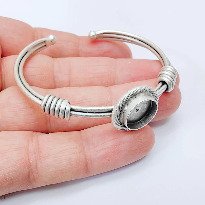 Adjustable Bracelet Blank, 12mm Round Bezel, Textured Frame Design, Open Cuff Base, G37914