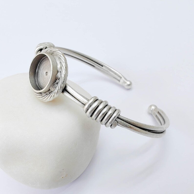 Adjustable Bracelet Blank, 12mm Round Bezel, Textured Frame Design, Open Cuff Base, G37914
