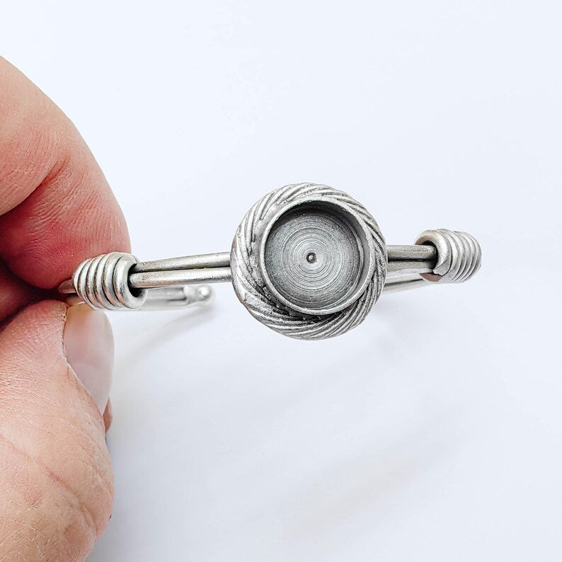 Adjustable Bracelet Blank, 12mm Round Bezel, Textured Frame Design, Open Cuff Base, G37914