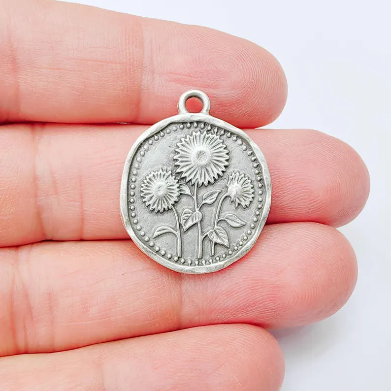 Sunflower Charm Pendant, Double Sided Botanical Floral Design, 28x24mm, Antique Silver Plated G37917