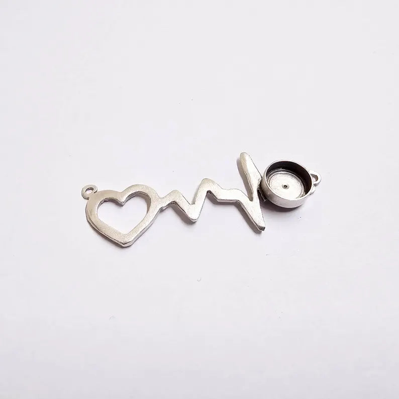 Heartbeat Bezel Connector Pendant, Heart ECG Design, Antique Silver Plated, 8mm, G37869