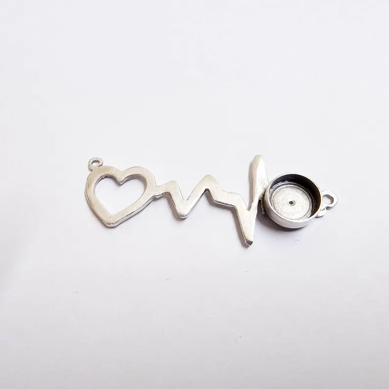 Heartbeat Bezel Connector Pendant, Heart ECG Design, Antique Silver Plated, 8mm, G37869