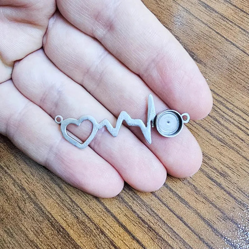 Heartbeat Bezel Connector Pendant, Heart ECG Design, Antique Silver Plated, 8mm, G37869