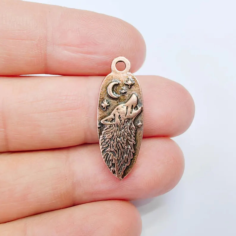 Wolf Head Charm Pendant, Double Sided Celestial Animal Design, 30x12mm, Antique Copper Plated G37870