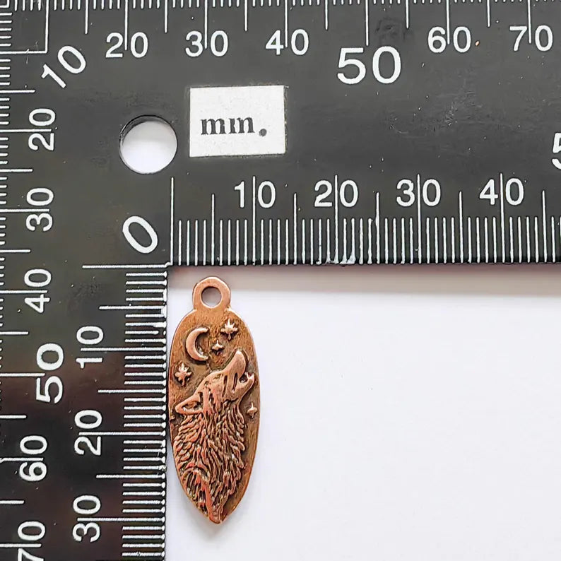 Wolf Head Charm Pendant, Double Sided Celestial Animal Design, 30x12mm, Antique Copper Plated G37870