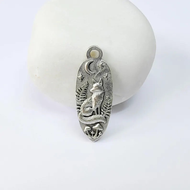 Fox Moon Charm Pendant, Double Sided Woodland Design, Antique Silver Plated, 30x12mm, G37873