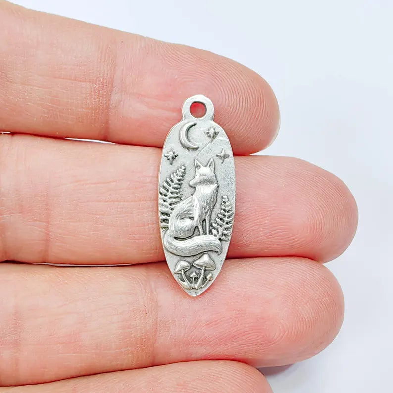 Fox Moon Charm Pendant, Double Sided Woodland Design, Antique Silver Plated, 30x12mm, G37873