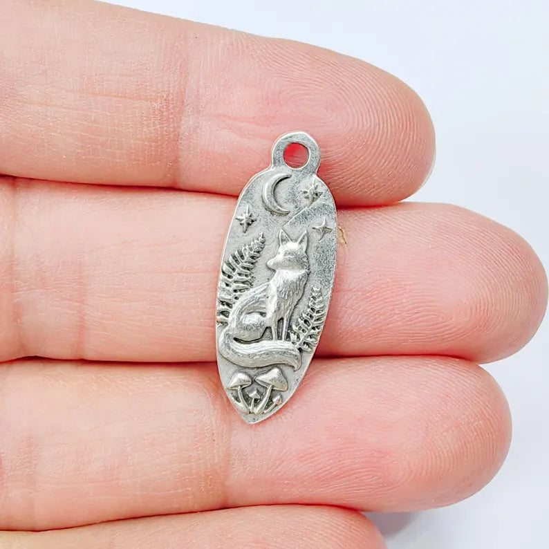 Fox Moon Charm Pendant, Double Sided Woodland Design, Antique Silver Plated, 30x12mm, G37873