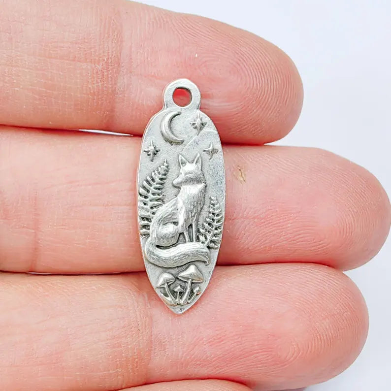 Fox Moon Charm Pendant, Double Sided Woodland Design, Antique Silver Plated, 30x12mm, G37873