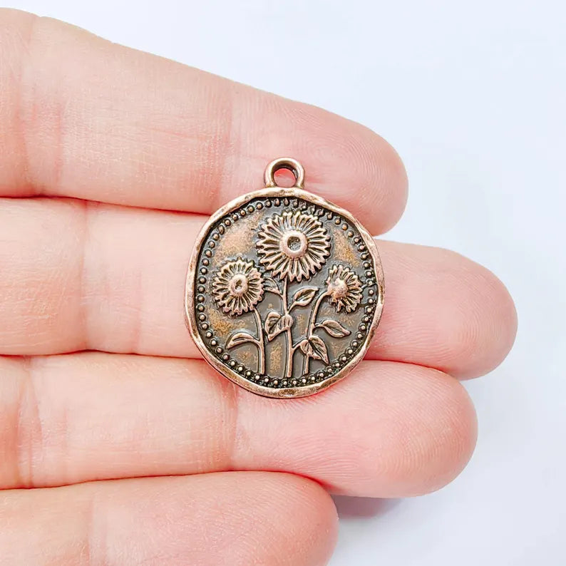 Sunflower Charm Pendant, Double Sided Botanical Floral Design, 28x24mm, Antique Copper Plated G37872