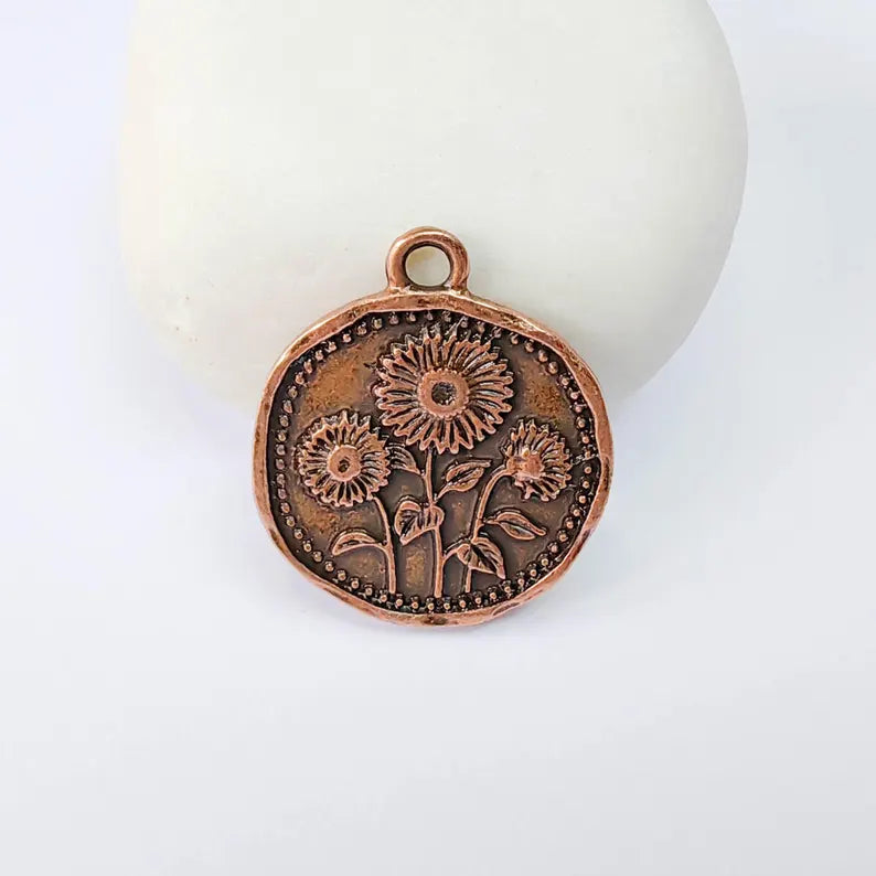 Sunflower Charm Pendant, Double Sided Botanical Floral Design, 28x24mm, Antique Copper Plated G37872