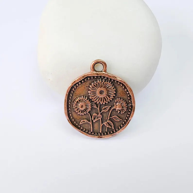 Sunflower Charm Pendant, Double Sided Botanical Floral Design, 28x24mm, Antique Copper Plated G37872