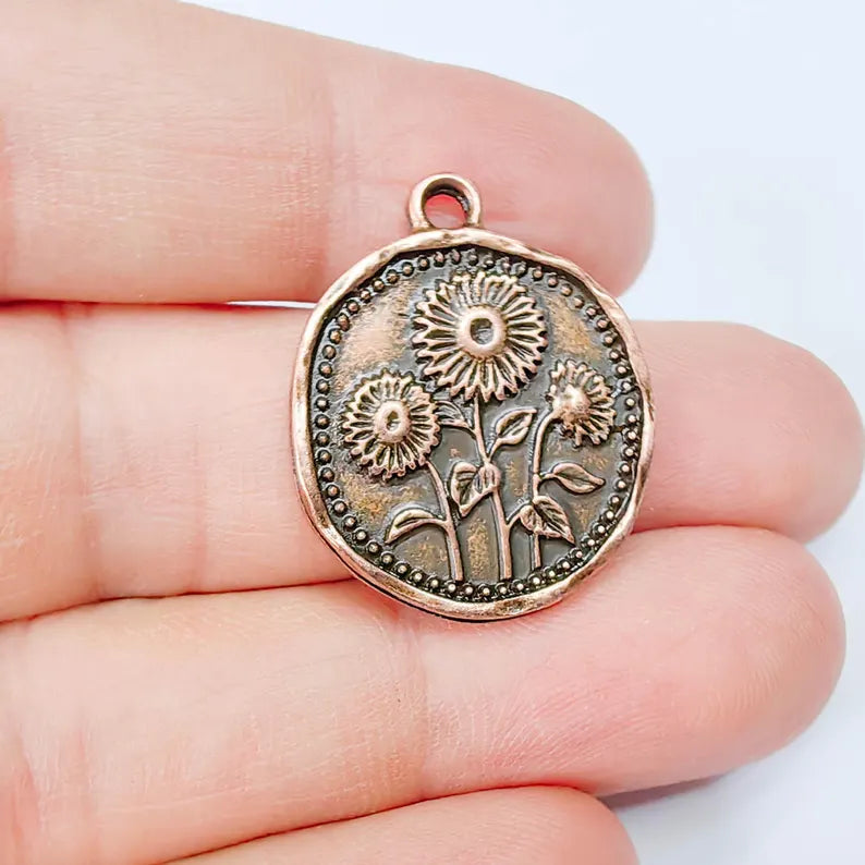 Sunflower Charm Pendant, Double Sided Botanical Floral Design, 28x24mm, Antique Copper Plated G37872