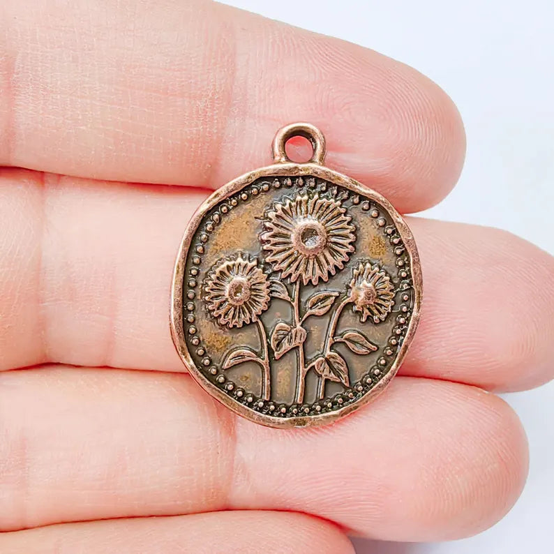 Sunflower Charm Pendant, Double Sided Botanical Floral Design, 28x24mm, Antique Copper Plated G37872