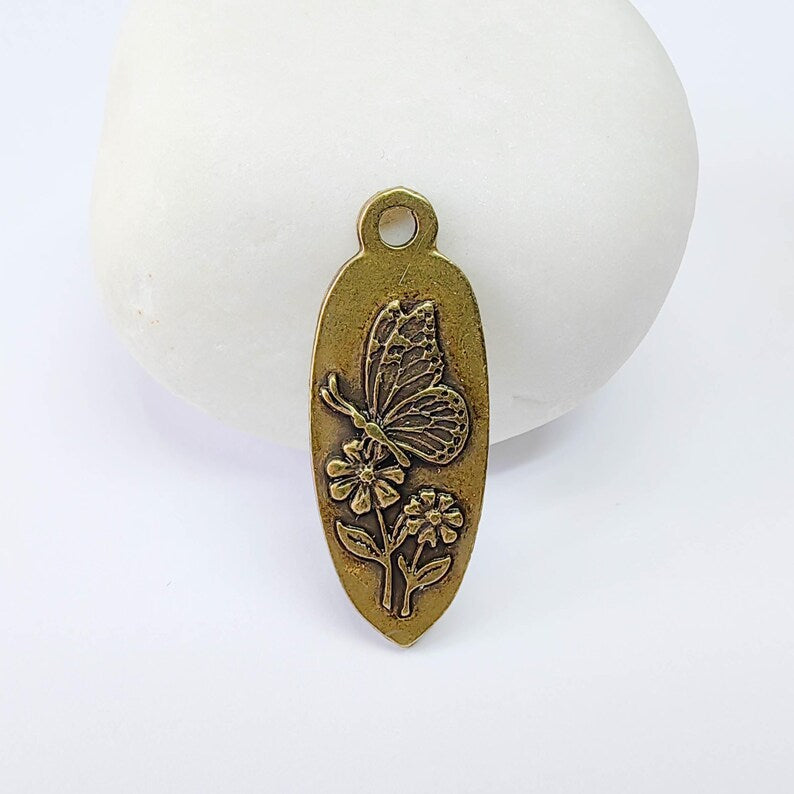 Butterfly Flower Charm Pendant, Double Sided Nature Design, Antique Bronze Plated, 30x12mm, G38041