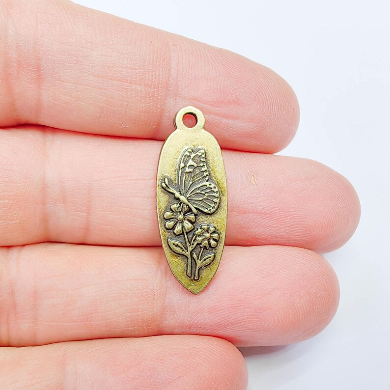 Butterfly Flower Charm Pendant, Double Sided Nature Design, Antique Bronze Plated, 30x12mm, G38041
