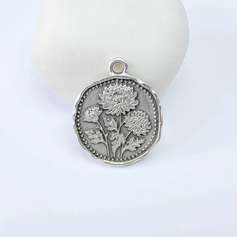 Chrysanthemum Flower Charm Pendant, Double Sided Botanical Design, Antique Silver Plated, 28x24mm, G37875