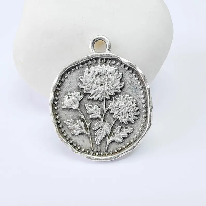 Chrysanthemum Flower Charm Pendant, Double Sided Botanical Design, Antique Silver Plated, 28x24mm, G37875