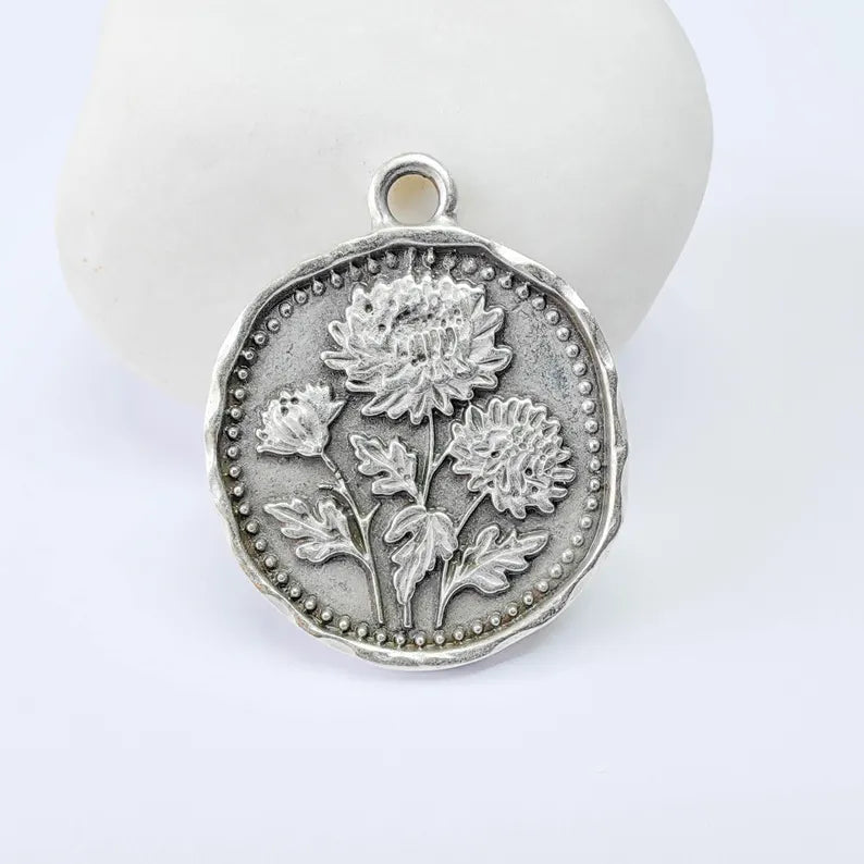 Chrysanthemum Flower Charm Pendant, Double Sided Botanical Design, Antique Silver Plated, 28x24mm, G37875