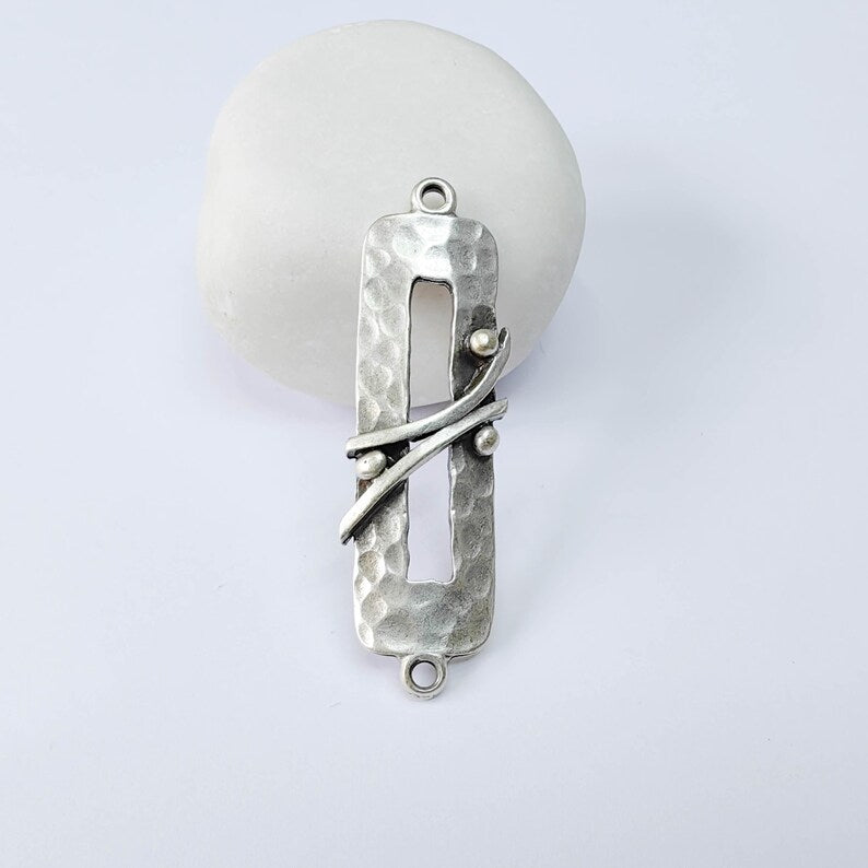 Hammered Rectangle Connector Charm, Modern Geometric Design, Antique Silver Plated, 51x15mm, G37876