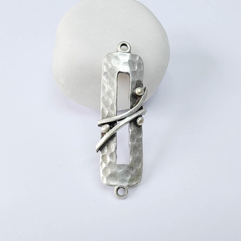 Hammered Rectangle Connector Charm, Modern Geometric Design, Antique Silver Plated, 51x15mm, G37876