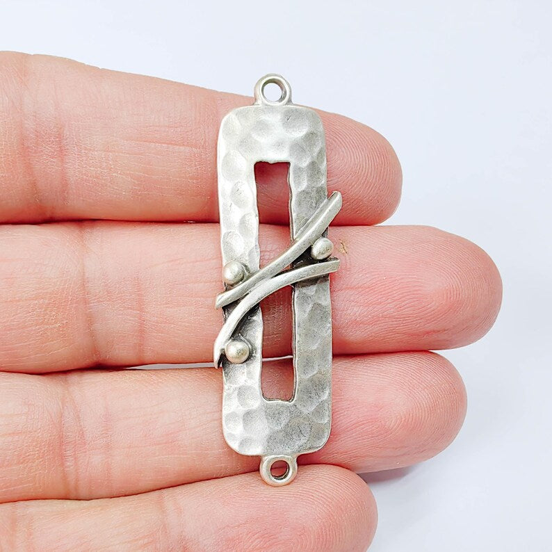 Hammered Rectangle Connector Charm, Modern Geometric Design, Antique Silver Plated, 51x15mm, G37876