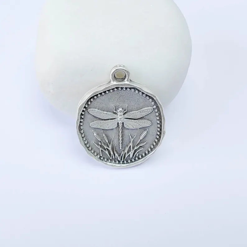 Dragonfly Charm Pendant, Double Sided Nature Design, Botanical Medallion, 28x24mm, Antique Silver Plated G37878