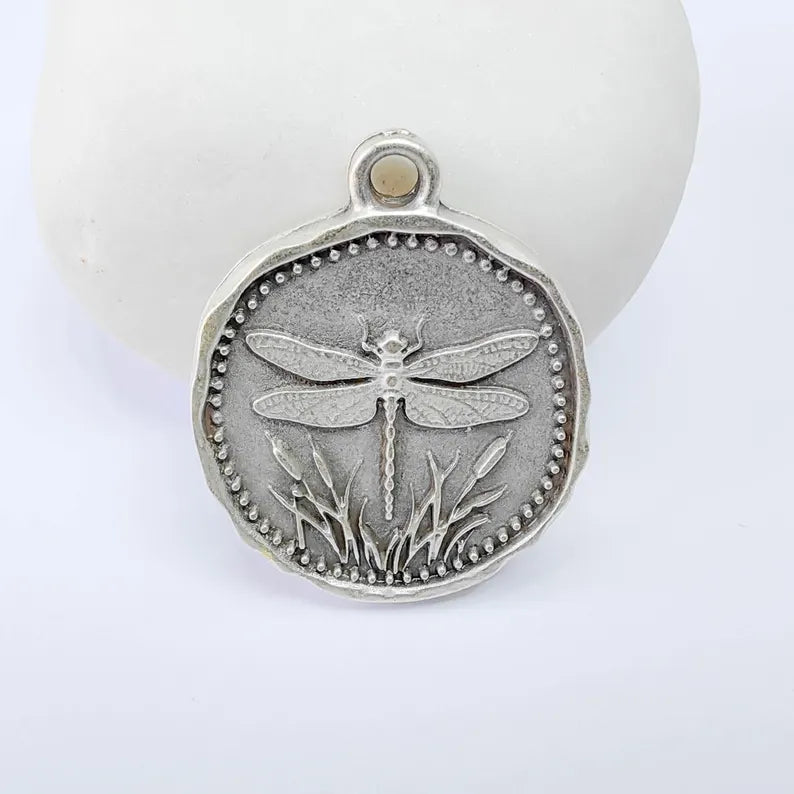 Dragonfly Charm Pendant, Double Sided Nature Design, Botanical Medallion, 28x24mm, Antique Silver Plated G37878