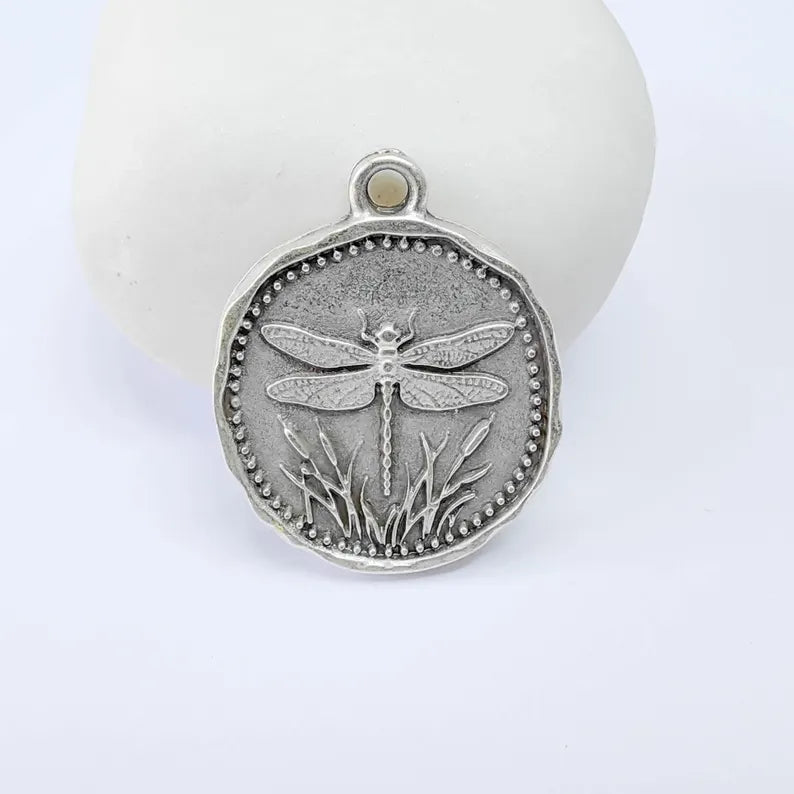 Dragonfly Charm Pendant, Double Sided Nature Design, Botanical Medallion, 28x24mm, Antique Silver Plated G37878