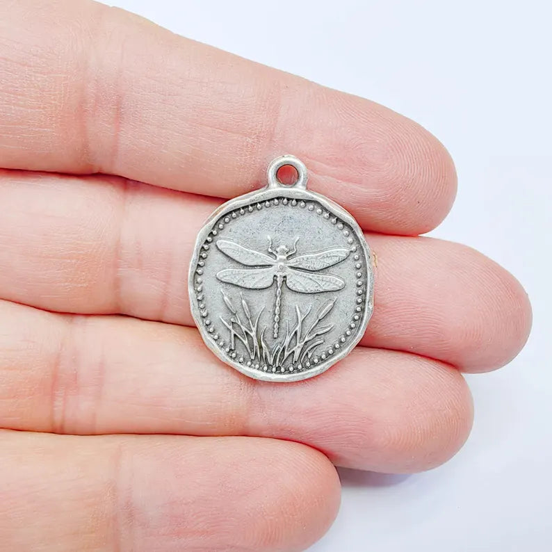 Dragonfly Charm Pendant, Double Sided Nature Design, Botanical Medallion, 28x24mm, Antique Silver Plated G37878