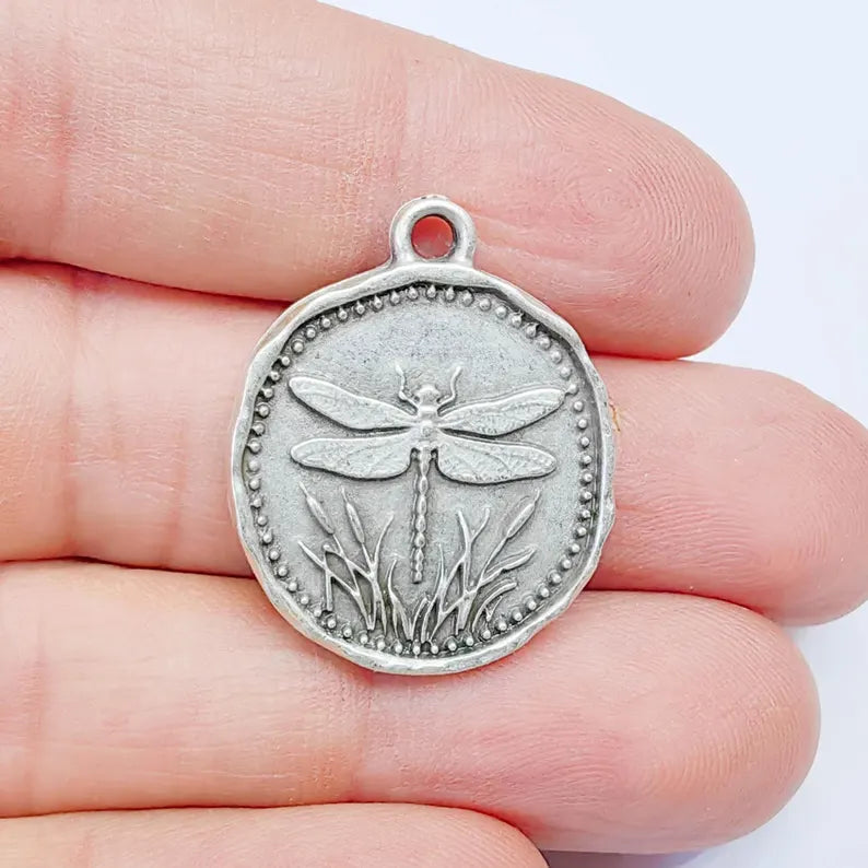 Dragonfly Charm Pendant, Double Sided Nature Design, Botanical Medallion, 28x24mm, Antique Silver Plated G37878