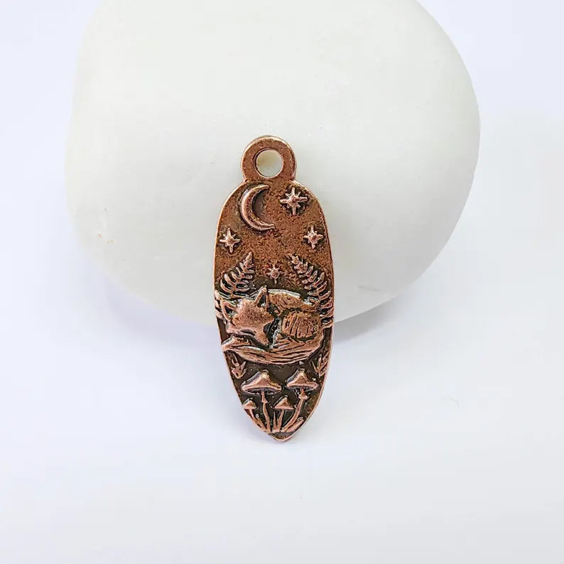 Sleeping Fox Charm Pendant, Double Sided Woodland Animal Design, 30x12mm, Antique Copper Plated G37879