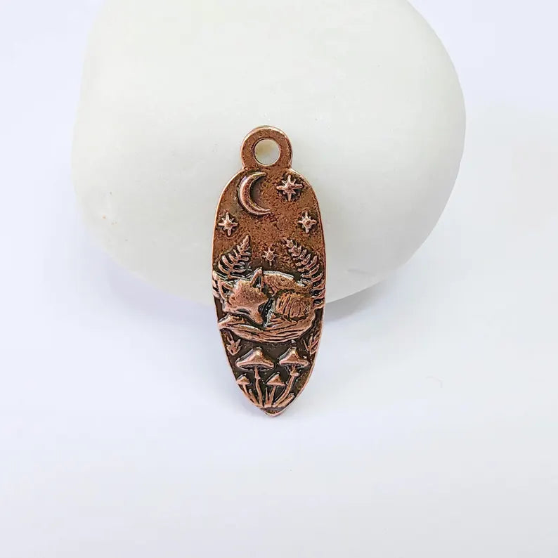 Sleeping Fox Charm Pendant, Double Sided Woodland Animal Design, 30x12mm, Antique Copper Plated G37879