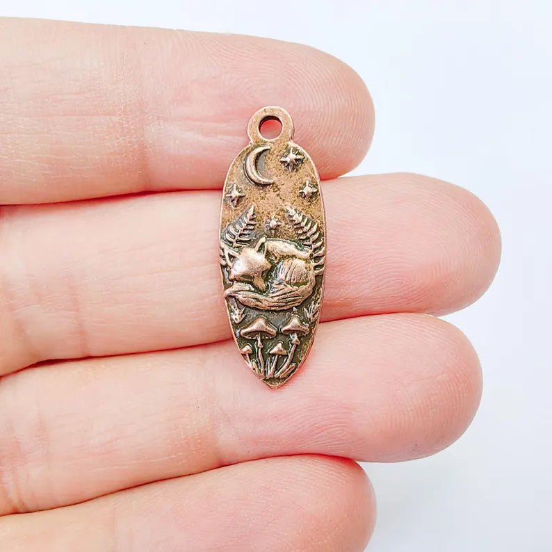 Sleeping Fox Charm Pendant, Double Sided Woodland Animal Design, 30x12mm, Antique Copper Plated G37879