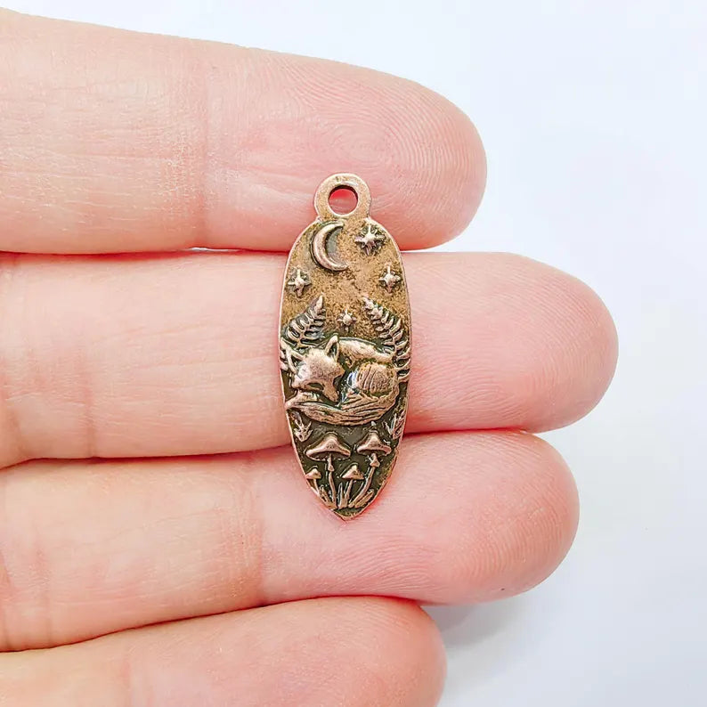 Sleeping Fox Charm Pendant, Double Sided Woodland Animal Design, 30x12mm, Antique Copper Plated G37879