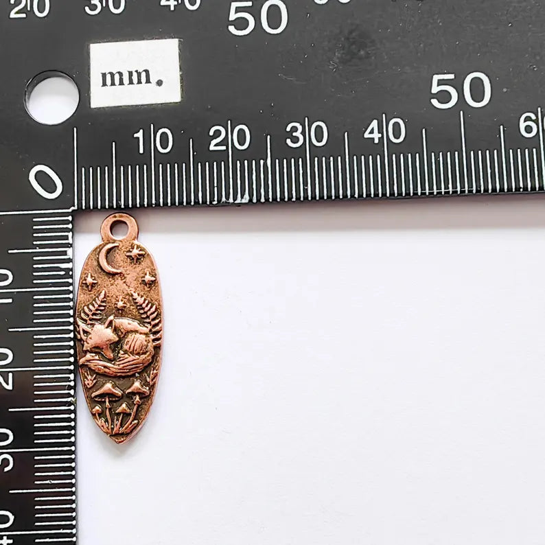 Sleeping Fox Charm Pendant, Double Sided Woodland Animal Design, 30x12mm, Antique Copper Plated G37879