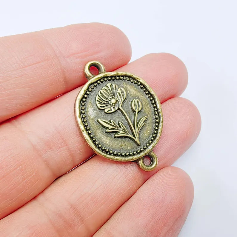Poppy Flower Charm Connector, Botanical Floral Symbol, Round Coin, Antique Bronze Plated 34x24mm, G37880