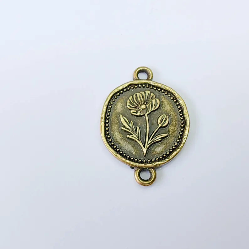 Poppy Flower Charm Connector, Botanical Floral Symbol, Round Coin, Antique Bronze Plated 34x24mm, G37880