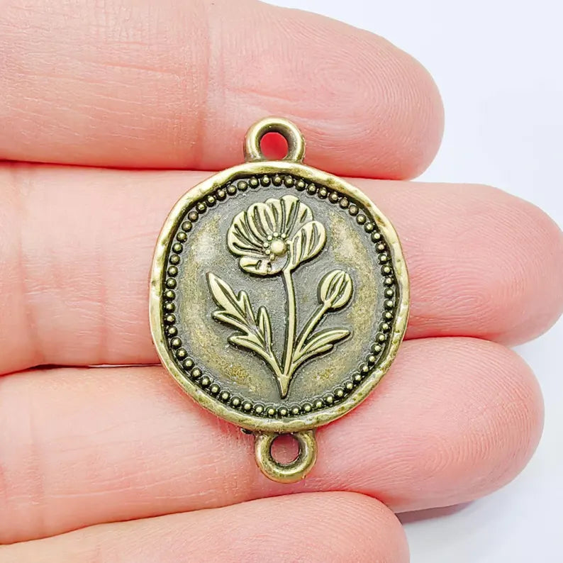 Poppy Flower Charm Connector, Botanical Floral Symbol, Round Coin, Antique Bronze Plated 34x24mm, G37880