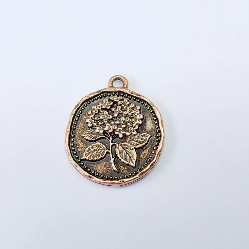 Hydrangea Flower Charm Pendant, Double Sided Botanical Floral Design, 28x24mm, Antique Copper Plated G37883