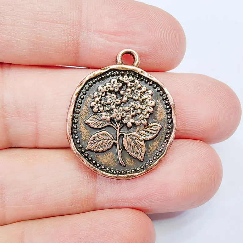 Hydrangea Flower Charm Pendant, Double Sided Botanical Floral Design, 28x24mm, Antique Copper Plated G37883