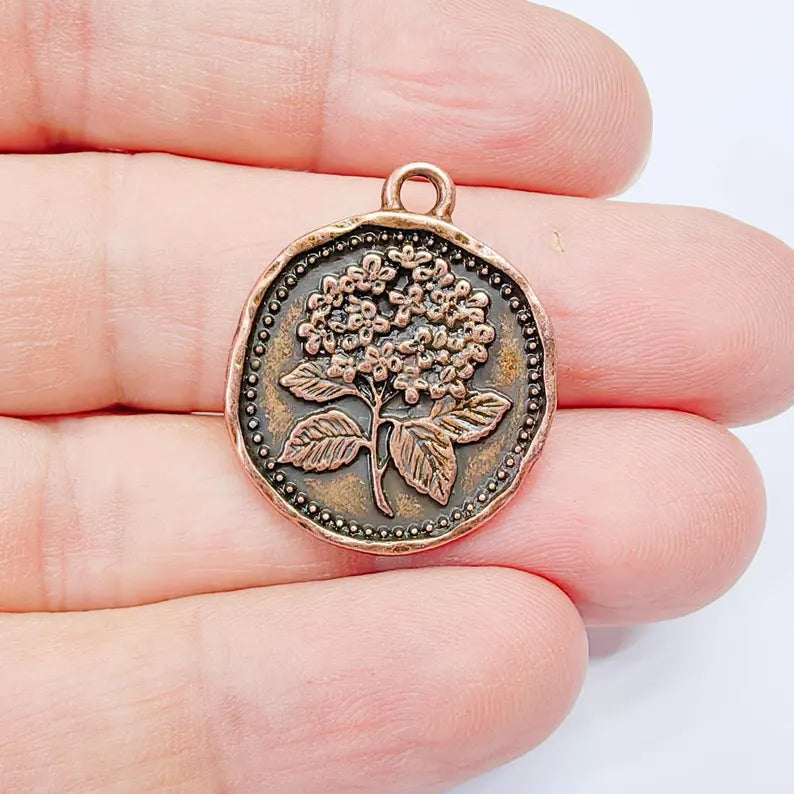 Hydrangea Flower Charm Pendant, Double Sided Botanical Floral Design, 28x24mm, Antique Copper Plated G37883