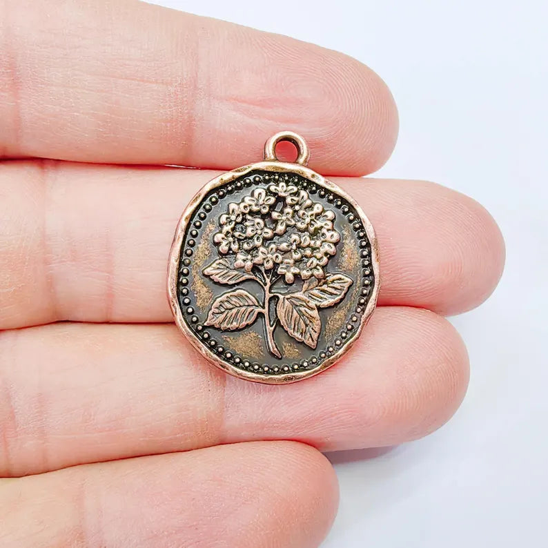 Hydrangea Flower Charm Pendant, Double Sided Botanical Floral Design, 28x24mm, Antique Copper Plated G37883