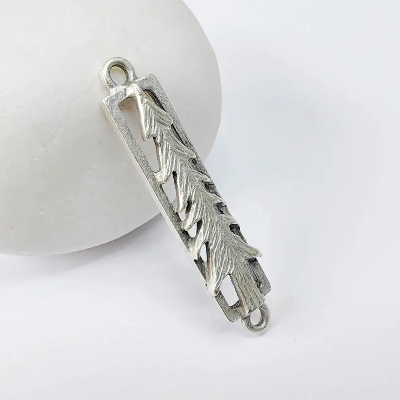 2 Pine Tree Connector Charm, Forest Nature Design, Antique Silver Plated, Rectangle Shape, 36x7mm, G37885